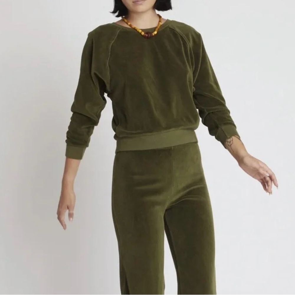 Suzi Kondi Olive Green Crew Neck Velour Sweater